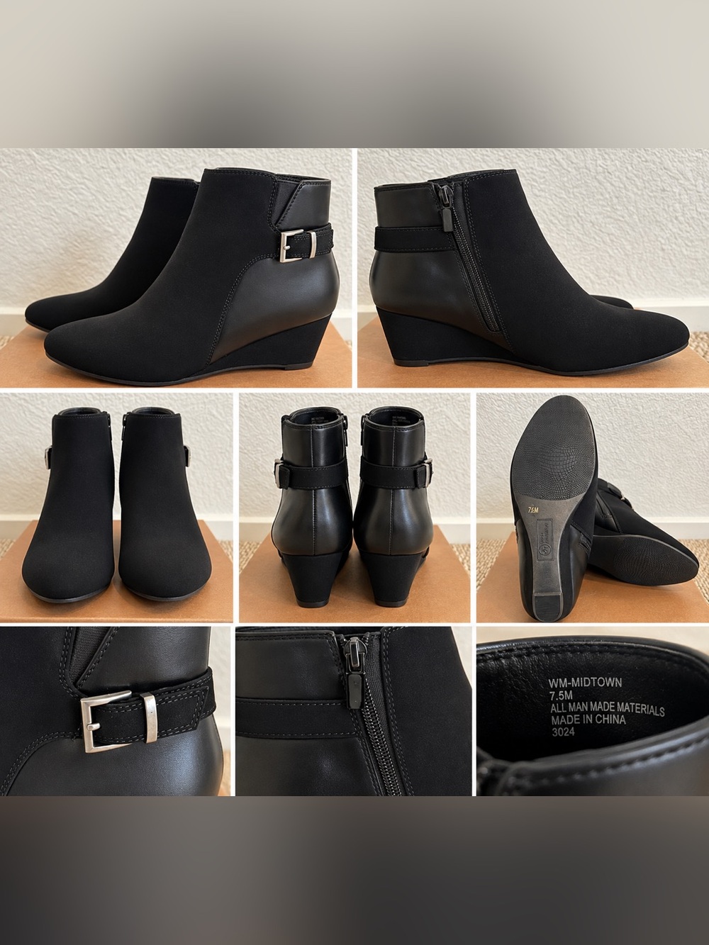 White Mountain Black Ankle Boots Size 7.5 Wedge Heel Buckle